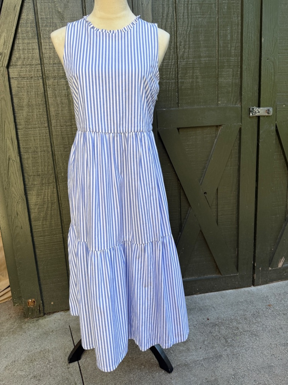 J Crew tiered, sleeveless, midi dress. Blue + White Striped.